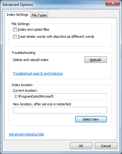 Windows Advanced Indexing Options